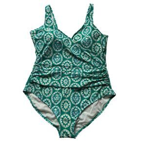 Boden Talamanca Green Geometric Print One Piece Swimsuit Sz 16/ 18 Built In Bra